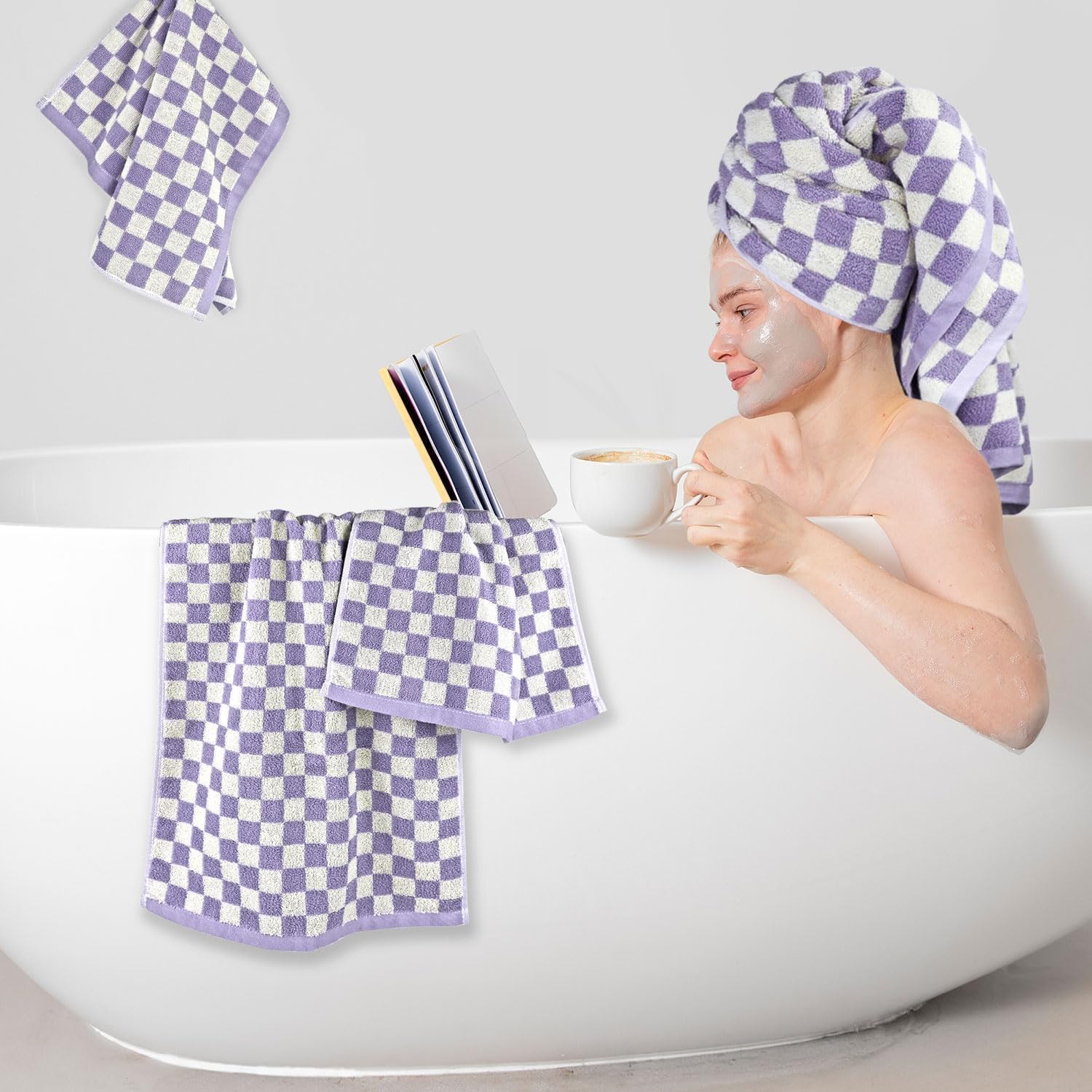 Amazon｜コットンタオル4点セット、浴室用市松タオル、1点、バスタオル